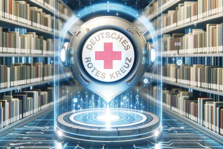 rotkreuzDIGITAL | Wissensdatenbank Dieses KI-generierte Imagebild zeigt einen Gang einer Bibliothek. In der Mitte steht eine stilistische Digitalstruktur in Glockenform mit einem DRK-Logo.
